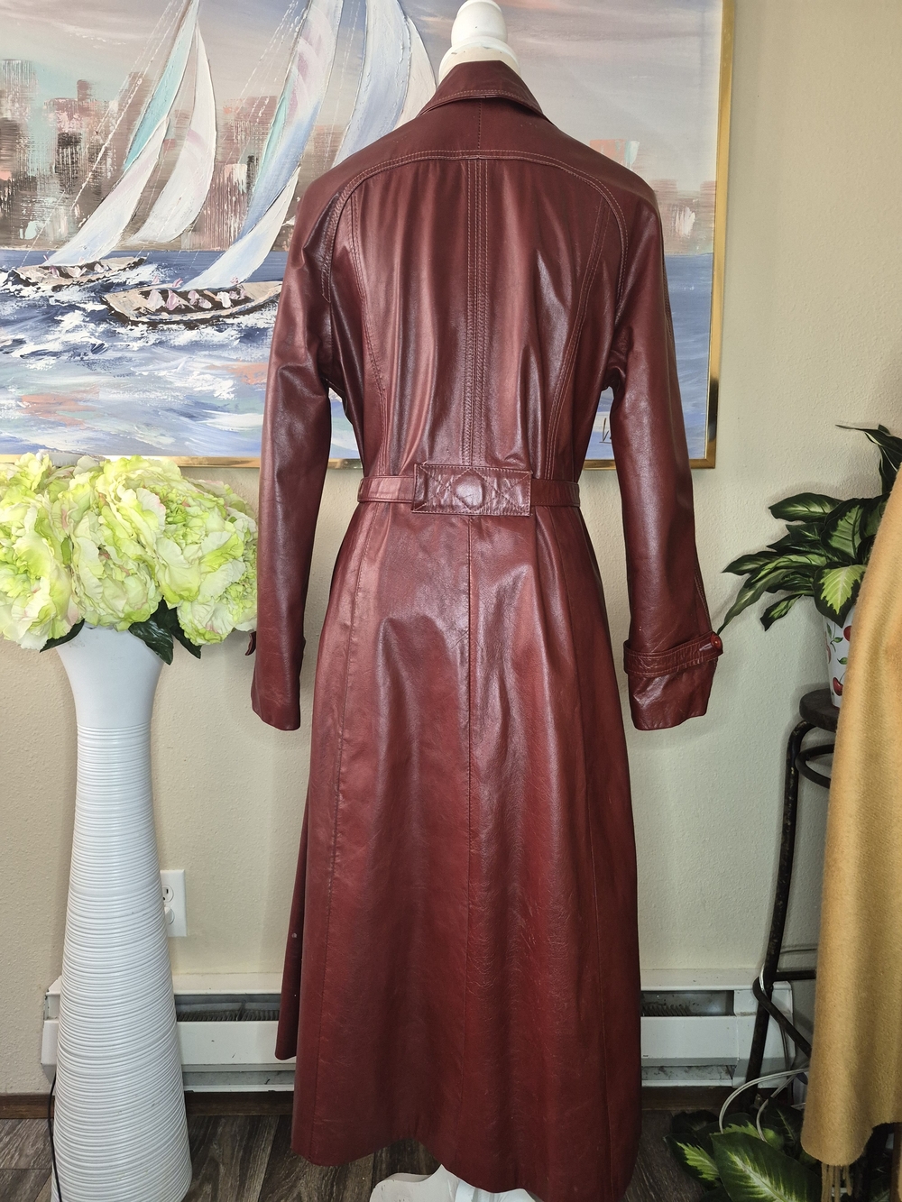 Vintage Red Leather Women's Trench Coat - Picture 6 of 10